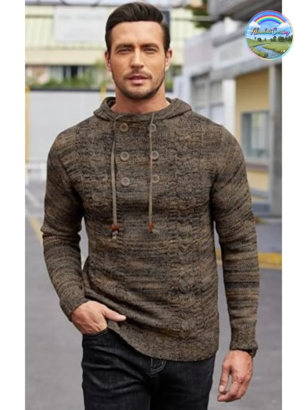 Men's Knit Pullover Hoodie Long Sleeve Turtleneck Sweater Slim Fit